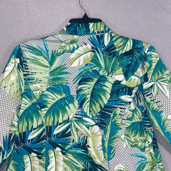 Chicos Jacket Womens 2 Green Blue Floral 3/4 Sleeve Full Zip Up Collared Casual - Picture 10 of 15